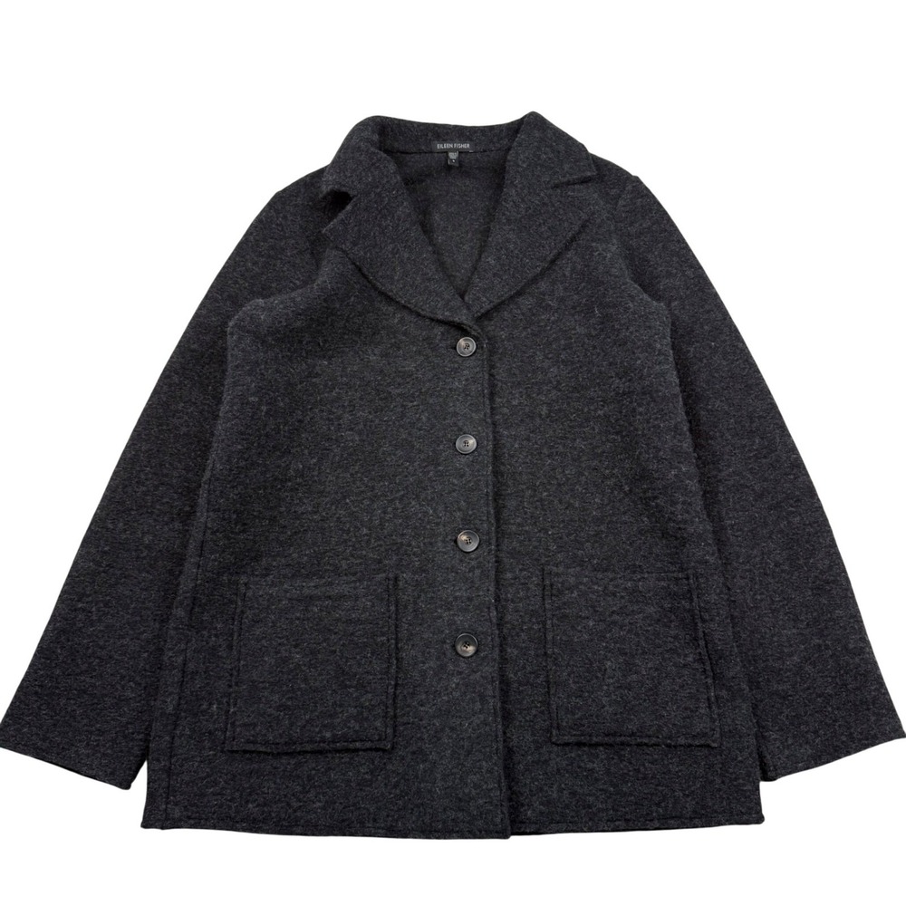 Eileen Fisher Charcoal Grey Boiled Wool Blend Button Front Jacket Cardiganā S